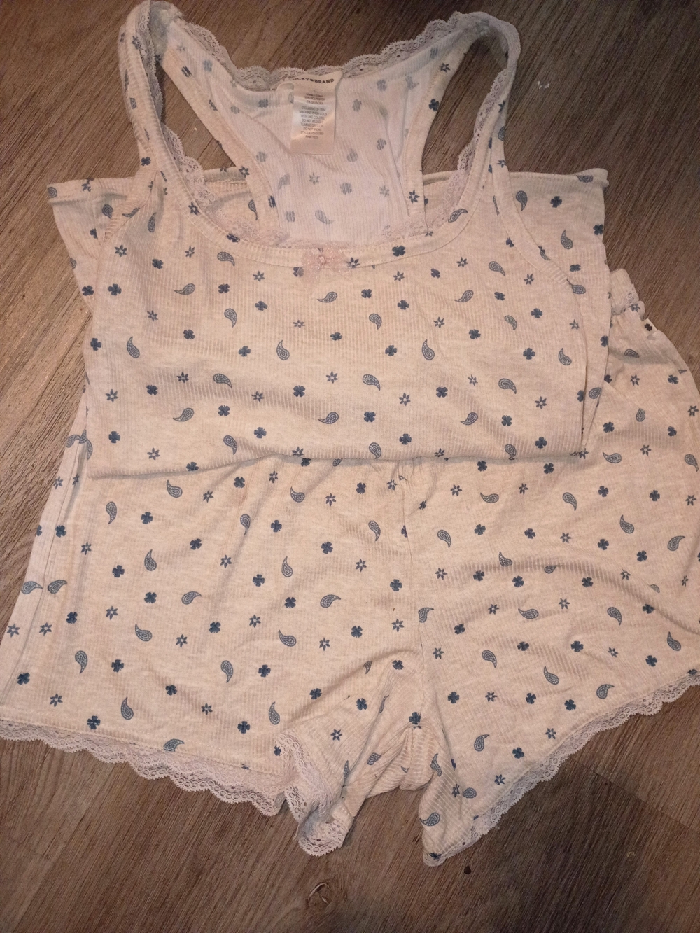 Soft Ribbed Cream Pajama Tank & Shorts Set with Blue Paisley